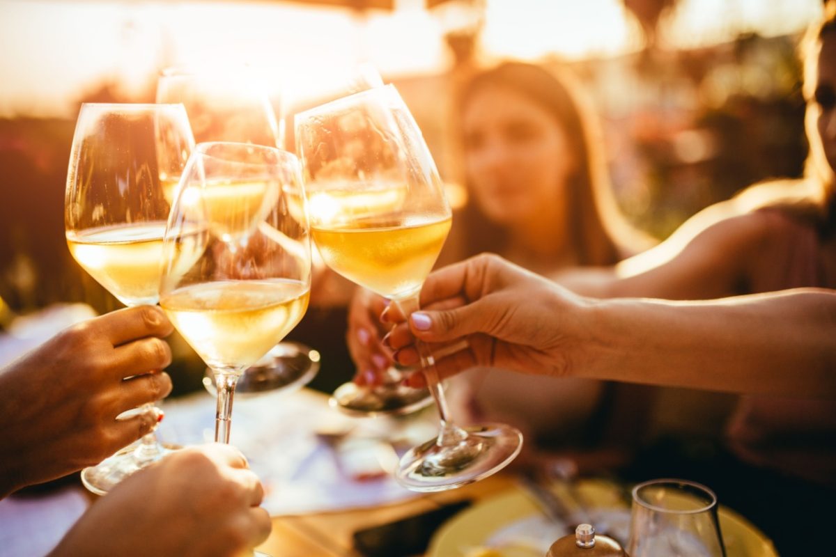 A group of friends clinking wine glasses.